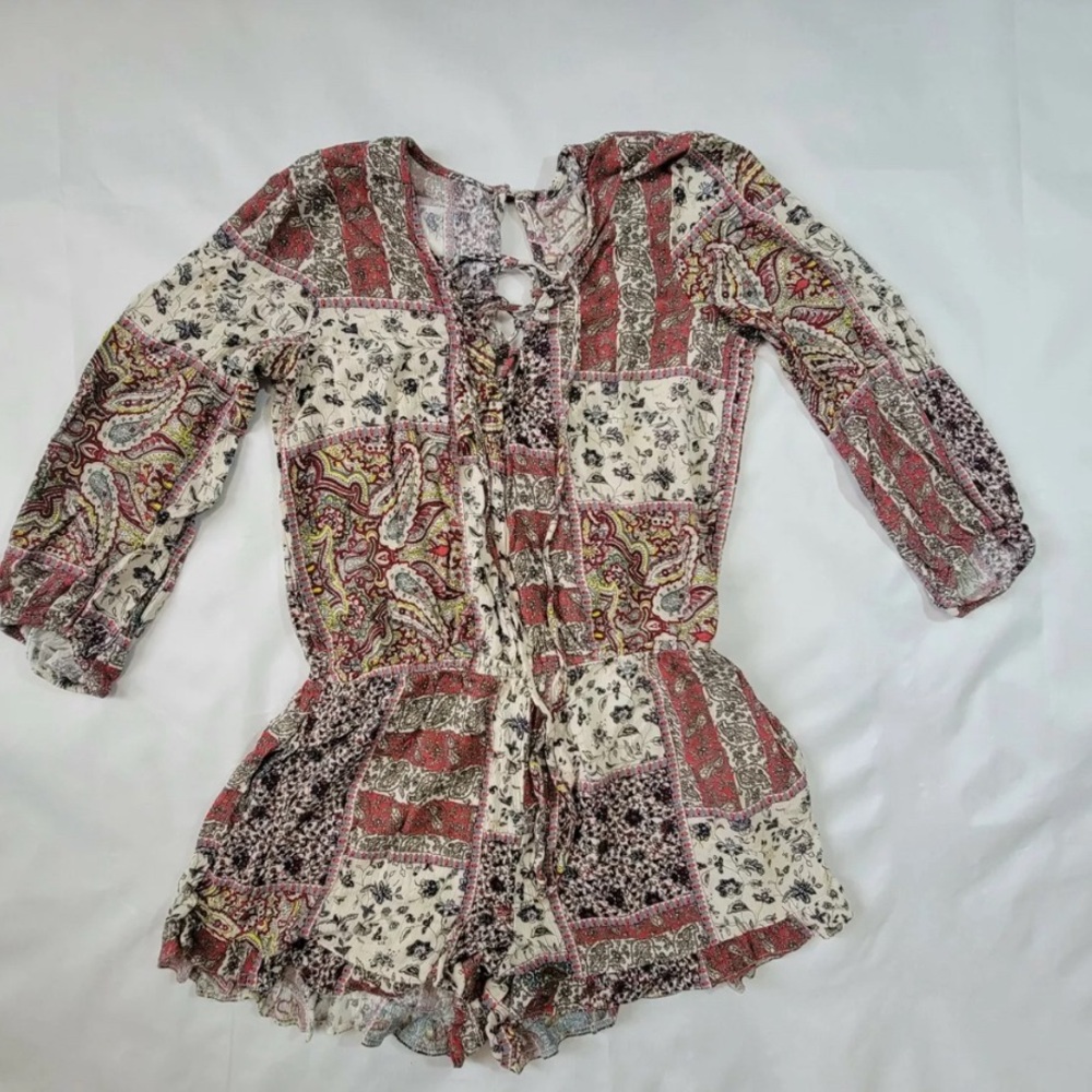 American Eagle Womens Boho Patchwork Lace Up Romper Bohemian Size M
